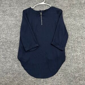 Forever 21 Blouse Womens Size S Navy Blue 3/4 Sleeve Back Zip High Low Hem